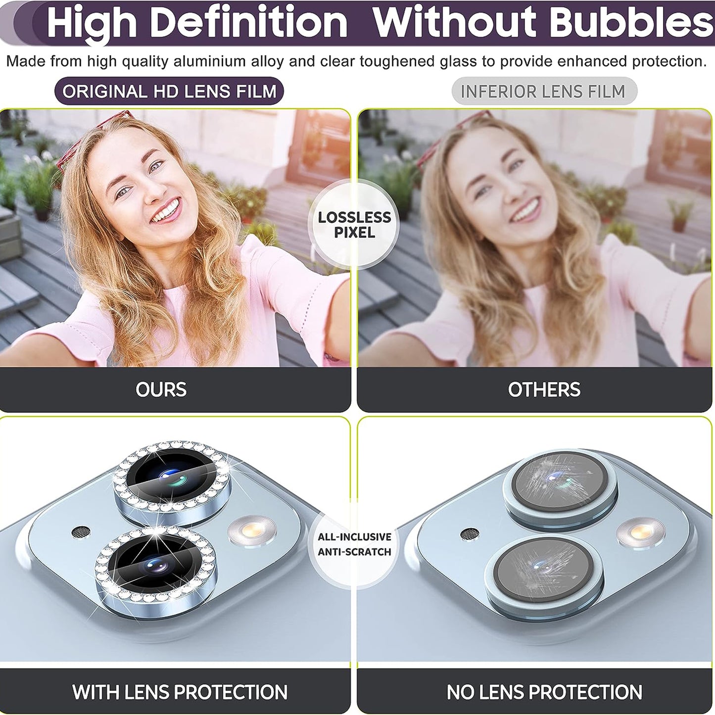 For iPhone 15 / 15 Plus Rhinestone Decor Camera Lens Protector Set Tempered Glass+Metal Ring Cover Lens Film