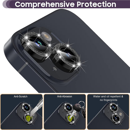 For iPhone 15 / 15 Plus Camera Lens Protector Set Glitter Metal Ring Tempered Glass Back Lens Film
