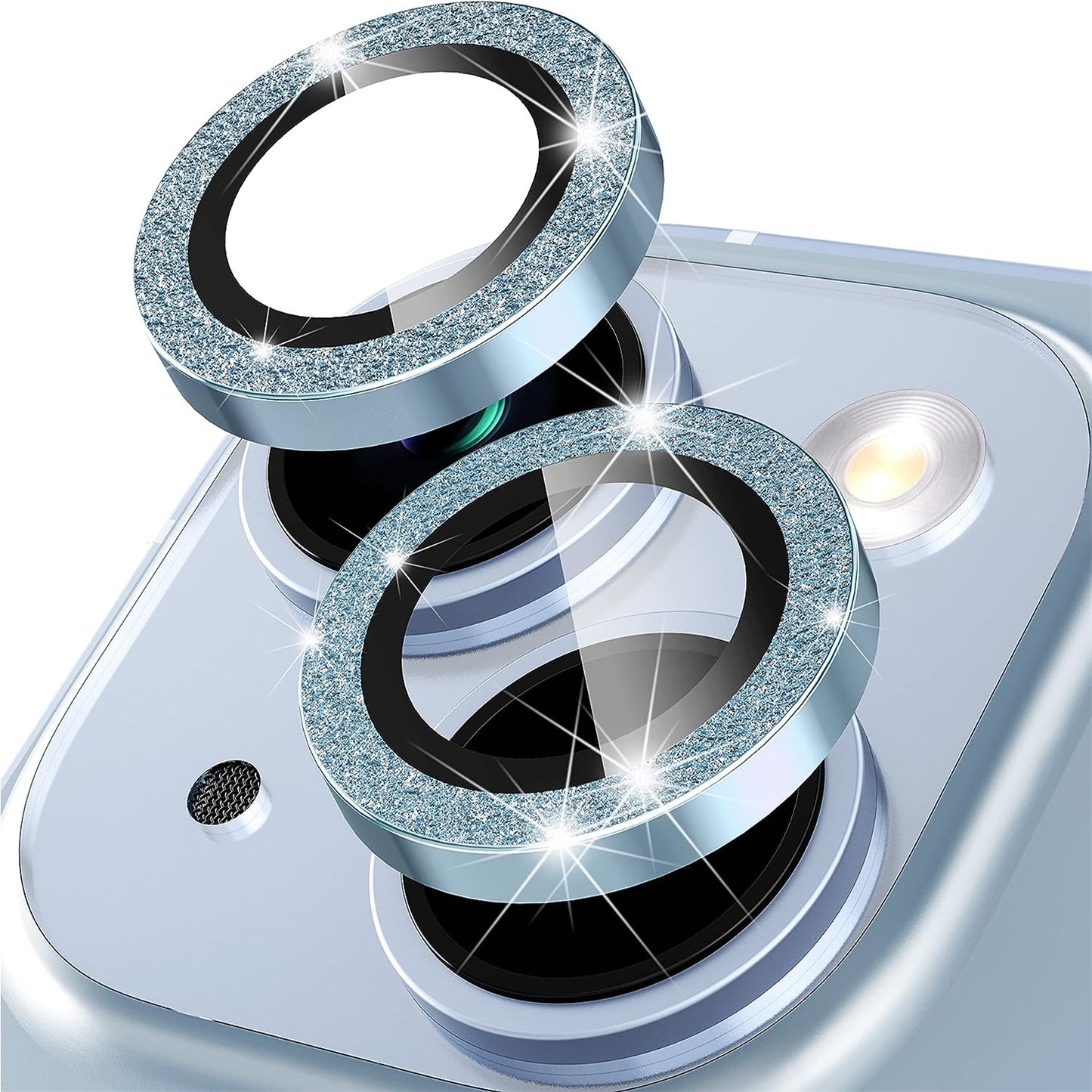 For iPhone 15 / 15 Plus Camera Lens Protector Set Glitter Metal Ring Tempered Glass Back Lens Film