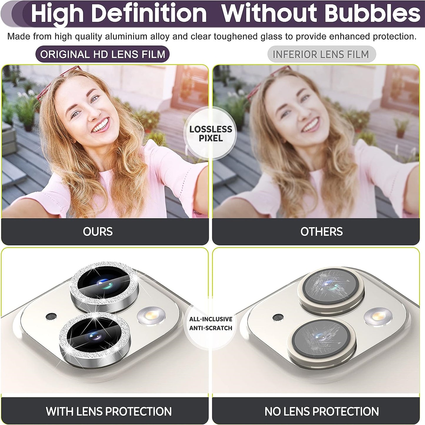 For iPhone 15 / 15 Plus Camera Lens Protector Set Glitter Metal Ring Tempered Glass Back Lens Film