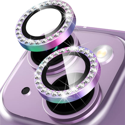 For iPhone 15 / 15 Plus Bling Rhinestone Camera Lens Protector Set Colorful Metal Ring Tempered Glass Lens Film