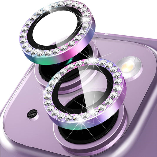 For iPhone 15 / 15 Plus Bling Rhinestone Camera Lens Protector Set Colorful Metal Ring Tempered Glass Lens Film