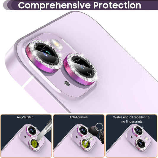 For iPhone 15 / 15 Plus Bling Rhinestone Camera Lens Protector Set Colorful Metal Ring Tempered Glass Lens Film