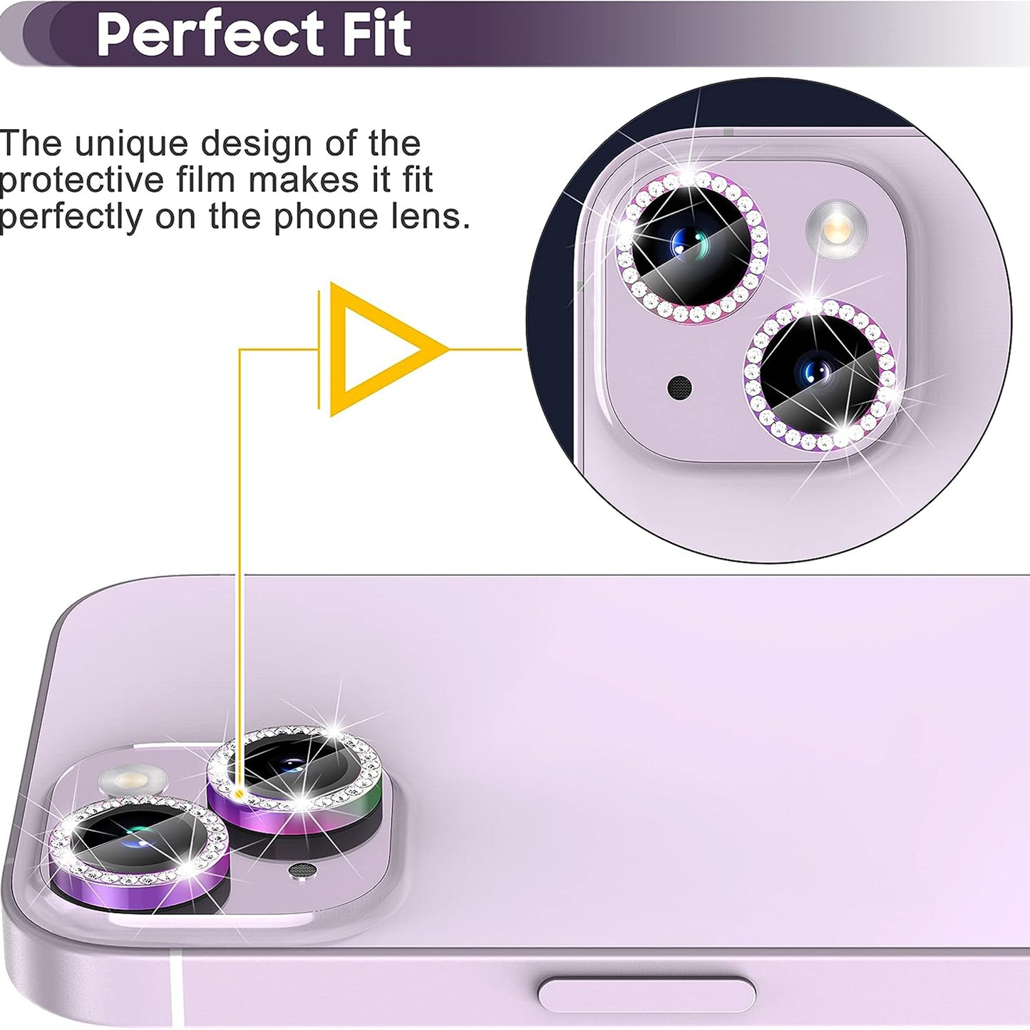 For iPhone 15 / 15 Plus Bling Rhinestone Camera Lens Protector Set Colorful Metal Ring Tempered Glass Lens Film