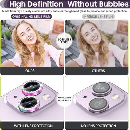 For iPhone 15 / 15 Plus Bling Rhinestone Camera Lens Protector Set Colorful Metal Ring Tempered Glass Lens Film