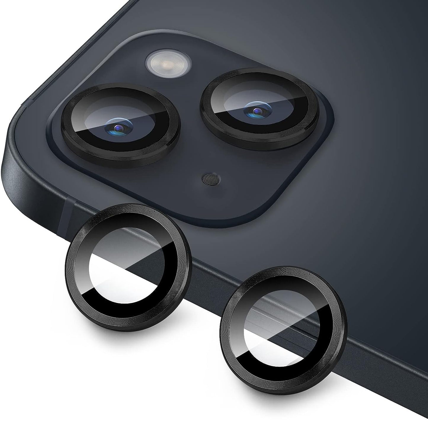 For iPhone 14 / 14 Plus 1 Set Camera Lens Film Tempered Glass CD Vein Metal Ring Rear Lens Protector
