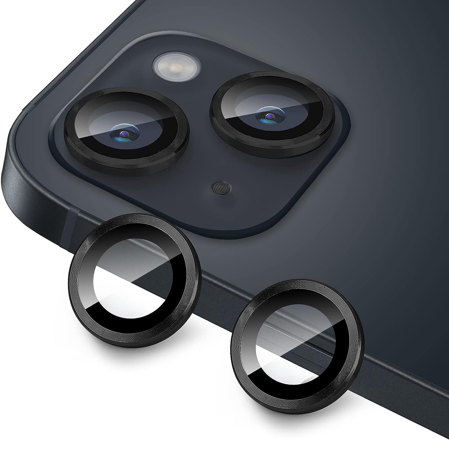 For iPhone 14 / 14 Plus 1 Set Camera Lens Film Tempered Glass CD Vein Metal Ring Rear Lens Protector