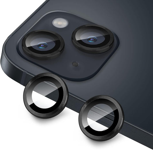 For iPhone 14 / 14 Plus 1 Set Camera Lens Film Tempered Glass CD Vein Metal Ring Rear Lens Protector