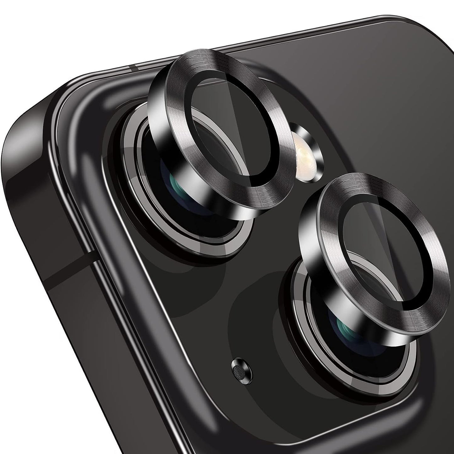 For iPhone 14 / 14 Plus 1 Set Camera Lens Film Tempered Glass CD Vein Metal Ring Rear Lens Protector