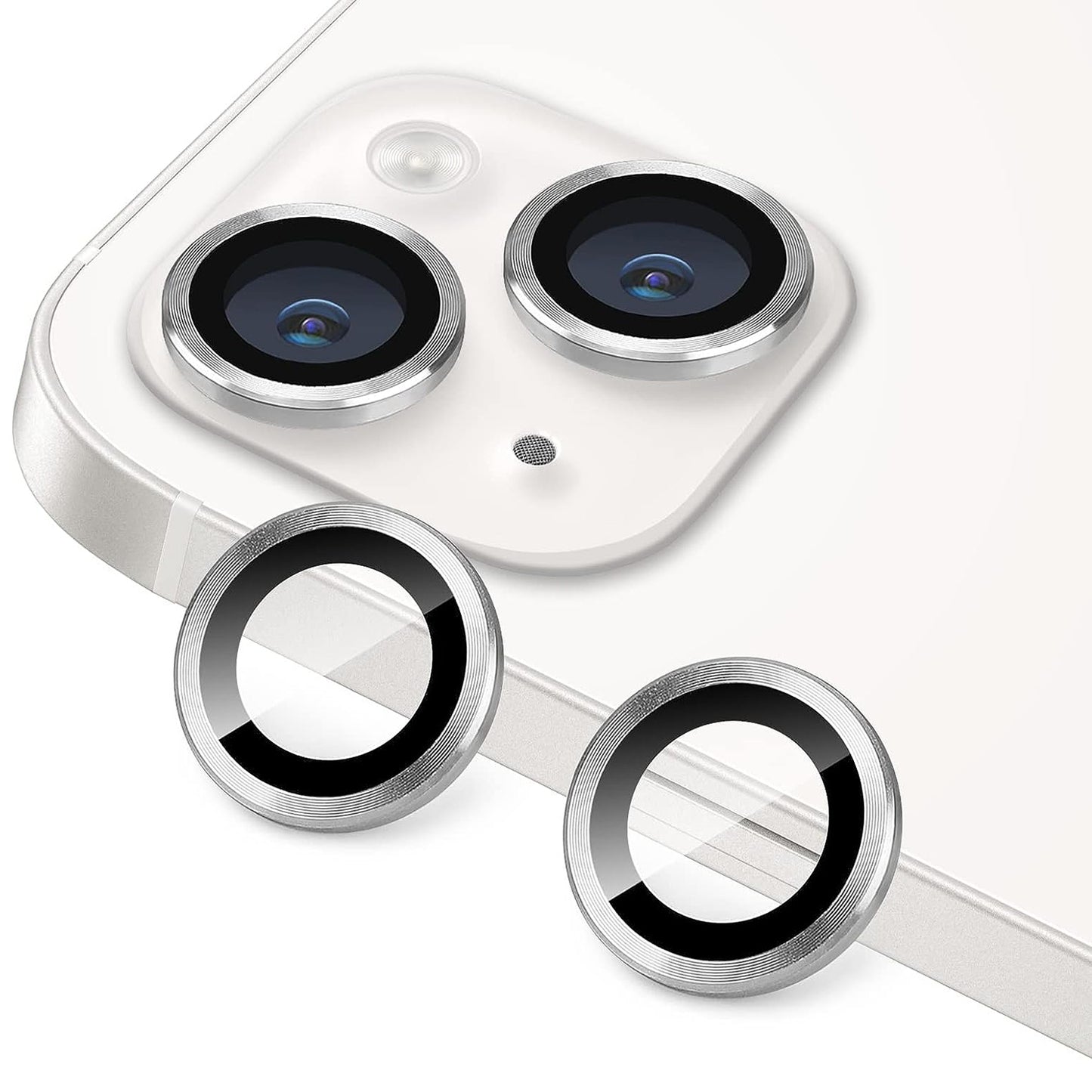 For iPhone 14 / 14 Plus 1 Set Camera Lens Film Tempered Glass CD Vein Metal Ring Rear Lens Protector