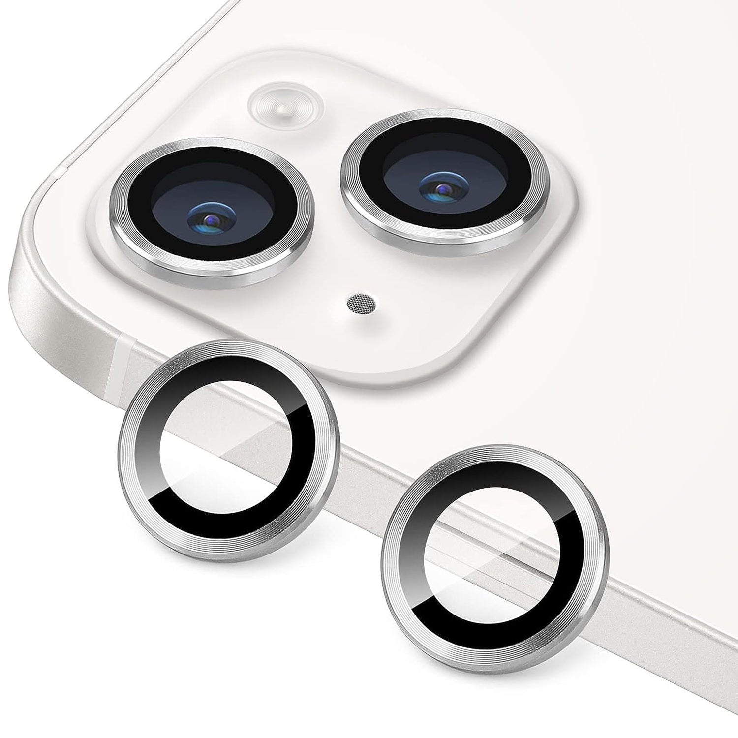 For iPhone 14 / 14 Plus 1 Set Camera Lens Film Tempered Glass CD Vein Metal Ring Rear Lens Protector
