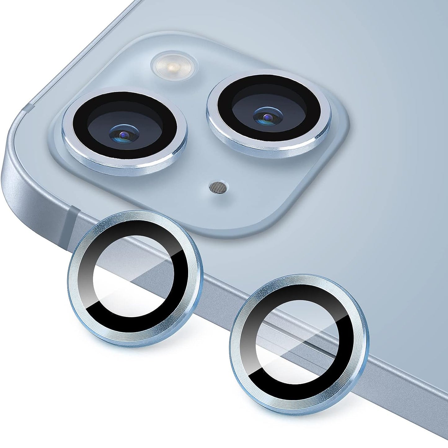 For iPhone 14 / 14 Plus 1 Set Camera Lens Film Tempered Glass CD Vein Metal Ring Rear Lens Protector