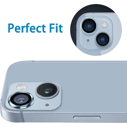 For iPhone 14 / 14 Plus 1 Set Camera Lens Film Tempered Glass CD Vein Metal Ring Rear Lens Protector