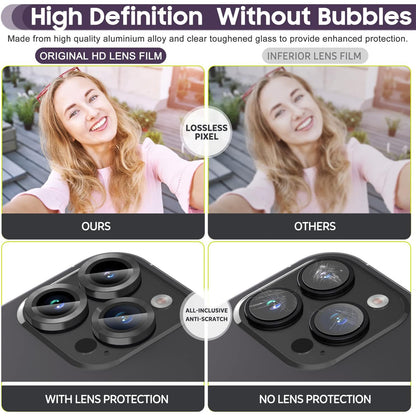 For iPhone 14 Pro / 14 Pro Max 1 Set Camera Lens Protector Tempered Glass + Metal Ring CD Vein Lens Film