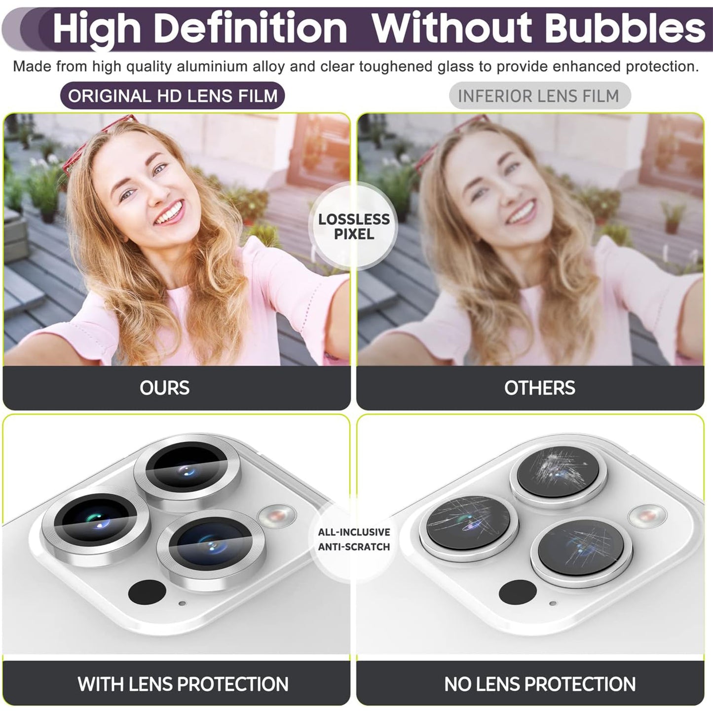 For iPhone 14 Pro / 14 Pro Max 1 Set Camera Lens Protector Tempered Glass + Metal Ring CD Vein Lens Film