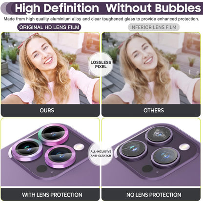 For iPhone 14 Pro / 14 Pro Max 1 Set Camera Lens Protector Tempered Glass + Metal Ring CD Vein Lens Film