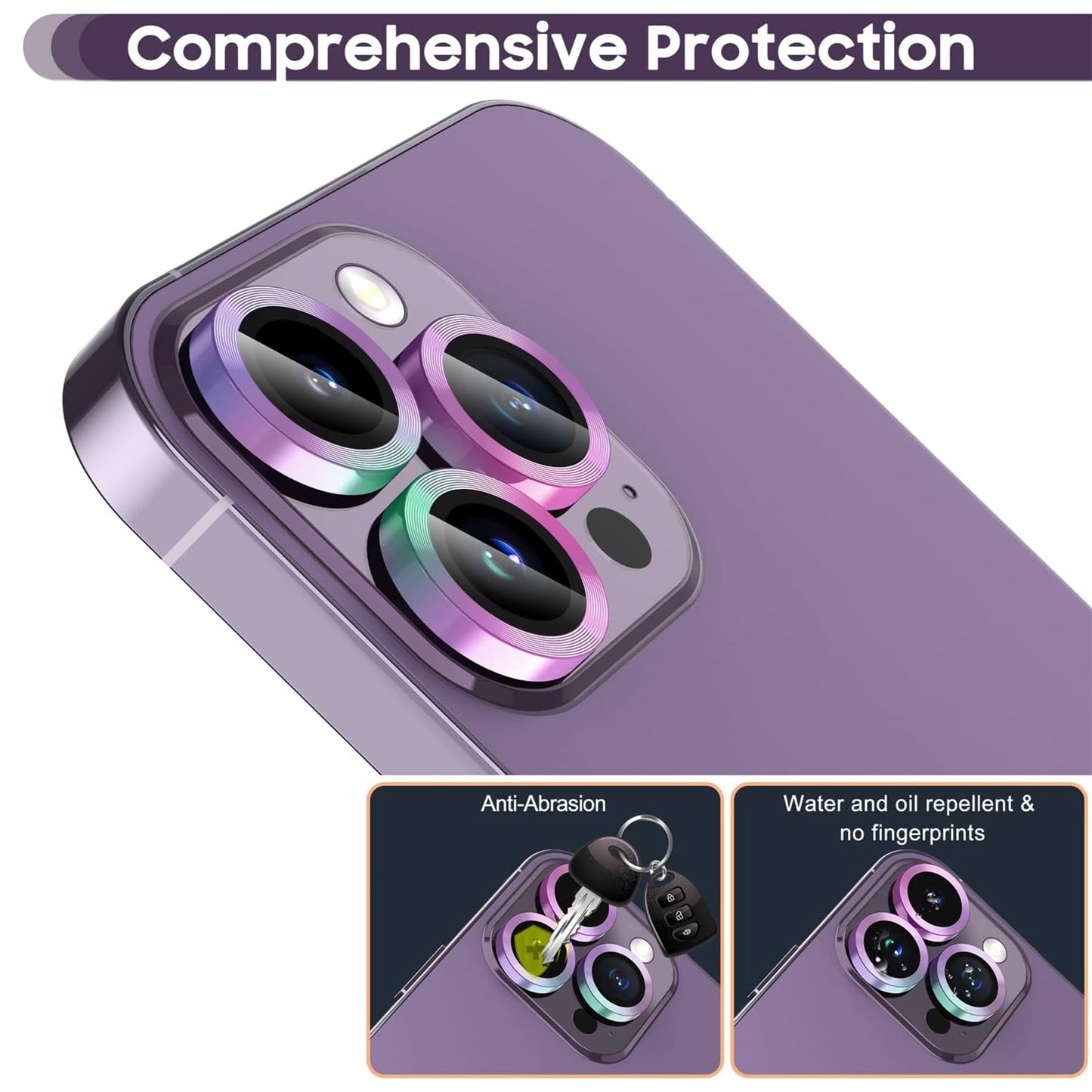 For iPhone 14 Pro / 14 Pro Max 1 Set Camera Lens Protector Tempered Glass + Metal Ring CD Vein Lens Film