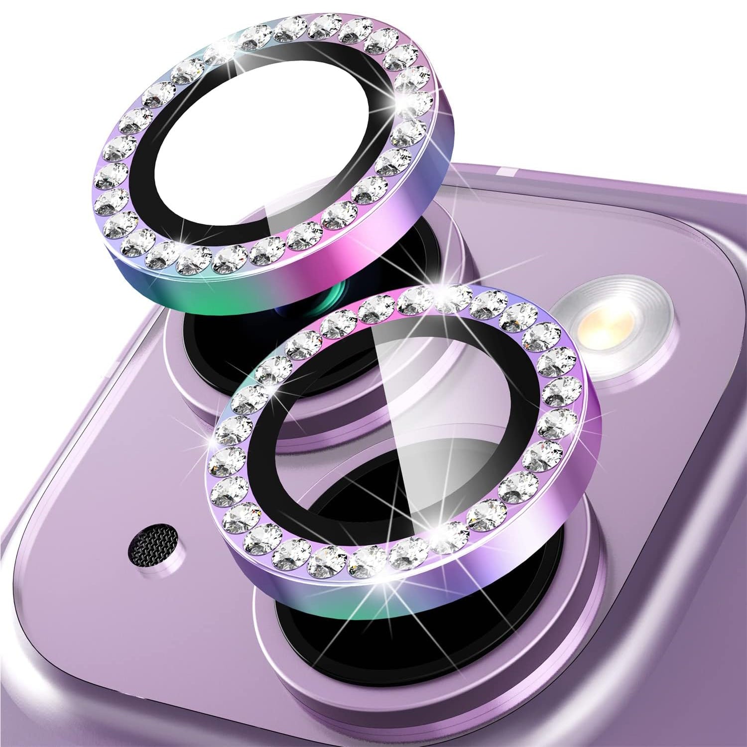 For iPhone 14 / 14 Plus 1 Set Rhinestone Camera Lens Protector Tempered Glass Metal Ring Colorful Rear Lens Film
