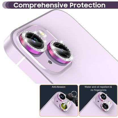 For iPhone 14 / 14 Plus 1 Set Rhinestone Camera Lens Protector Tempered Glass Metal Ring Colorful Rear Lens Film