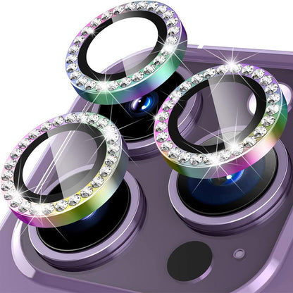 For iPhone 14 Pro / 14 Pro Max 1 Set Camera Lens Protector Tempered Glass Colorful Rhinestone Metal Ring Lens Film
