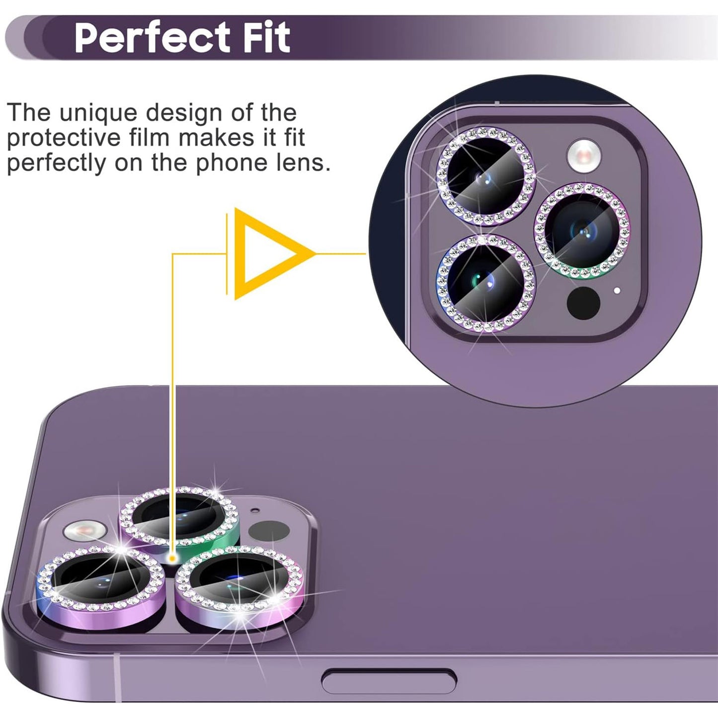 For iPhone 14 Pro / 14 Pro Max 1 Set Camera Lens Protector Tempered Glass Colorful Rhinestone Metal Ring Lens Film