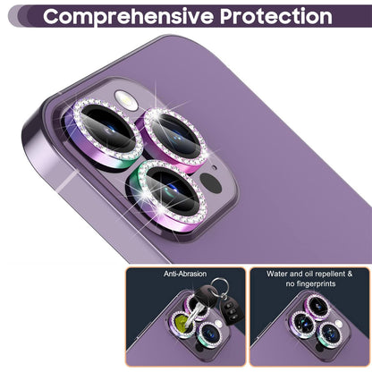 For iPhone 14 Pro / 14 Pro Max 1 Set Camera Lens Protector Tempered Glass Colorful Rhinestone Metal Ring Lens Film