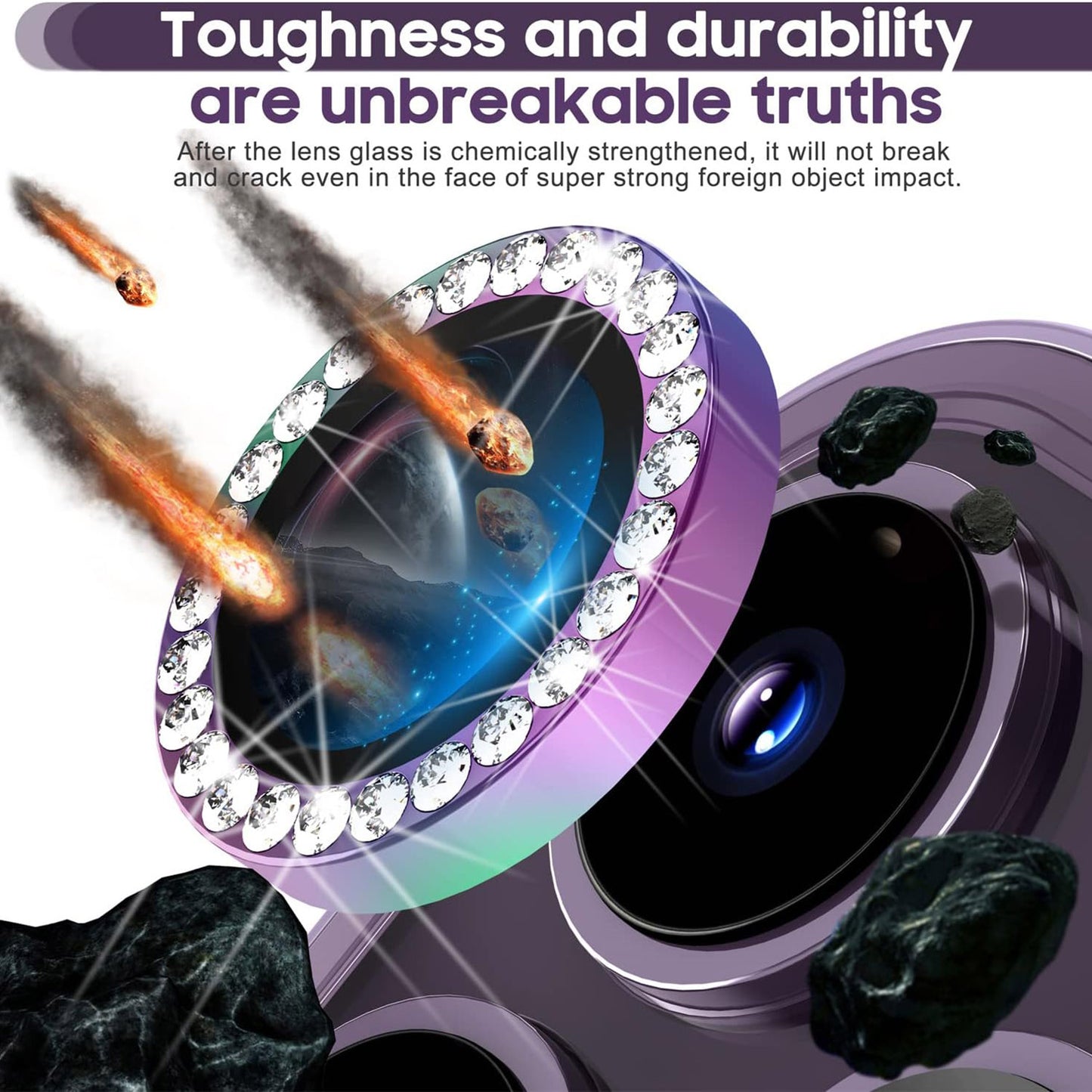For iPhone 14 Pro / 14 Pro Max 1 Set Camera Lens Protector Tempered Glass Colorful Rhinestone Metal Ring Lens Film
