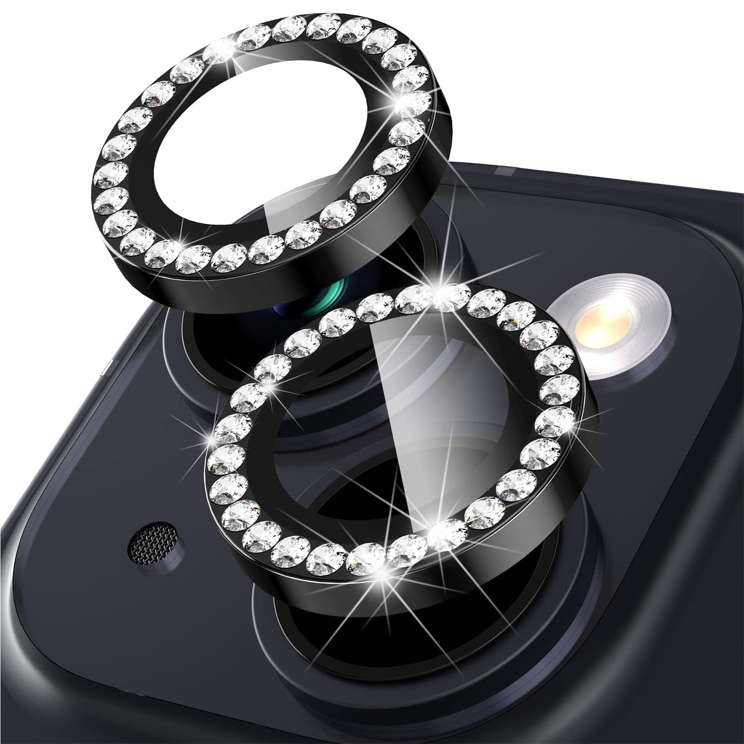 For iPhone 14 / 14 Plus 1 Set Rhinestone Camera Lens Protector Tempered Glass+Metal Ring Phone Rear Lens Film