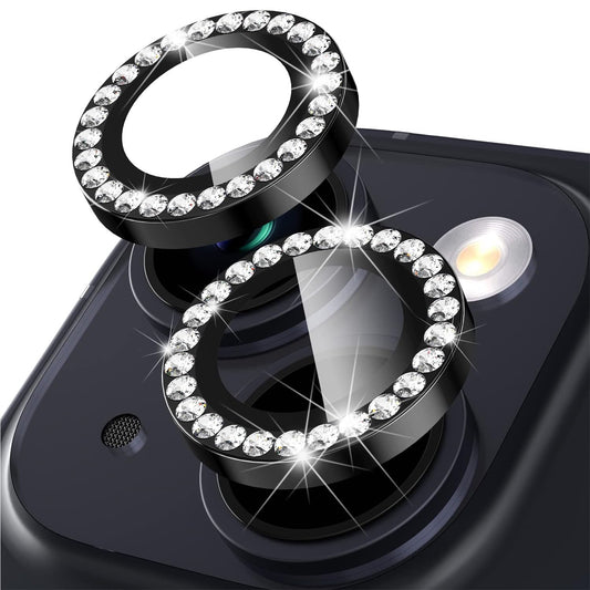 For iPhone 14 / 14 Plus 1 Set Rhinestone Camera Lens Protector Tempered Glass+Metal Ring Phone Rear Lens Film