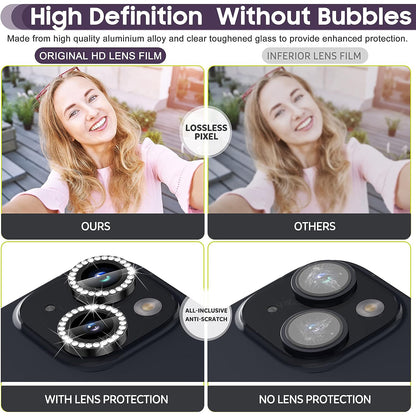 For iPhone 14 / 14 Plus 1 Set Rhinestone Camera Lens Protector Tempered Glass+Metal Ring Phone Rear Lens Film