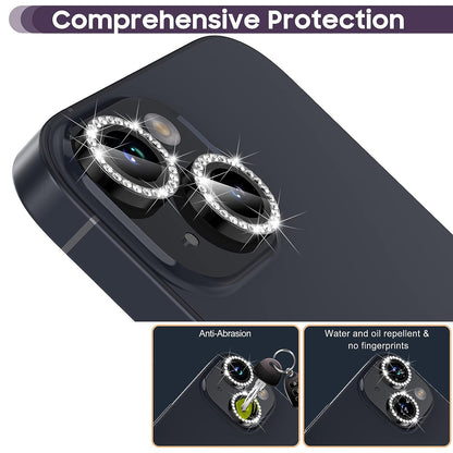 For iPhone 14 / 14 Plus 1 Set Rhinestone Camera Lens Protector Tempered Glass+Metal Ring Phone Rear Lens Film