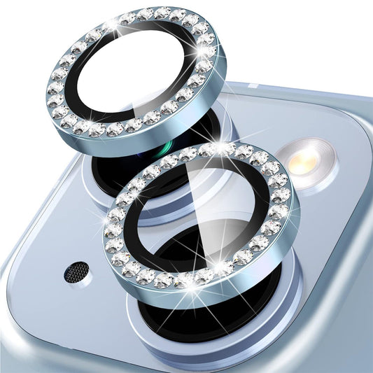 For iPhone 14 / 14 Plus 1 Set Rhinestone Camera Lens Protector Tempered Glass+Metal Ring Phone Rear Lens Film