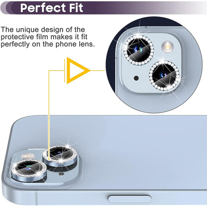 For iPhone 14 / 14 Plus 1 Set Rhinestone Camera Lens Protector Tempered Glass+Metal Ring Phone Rear Lens Film