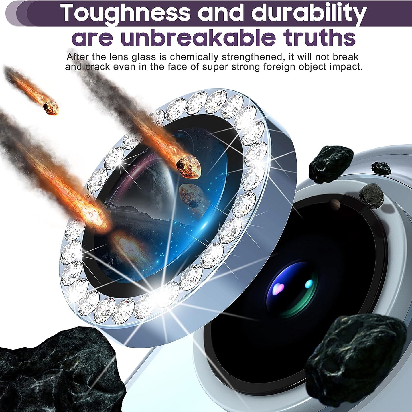 For iPhone 14 / 14 Plus 1 Set Rhinestone Camera Lens Protector Tempered Glass+Metal Ring Phone Rear Lens Film