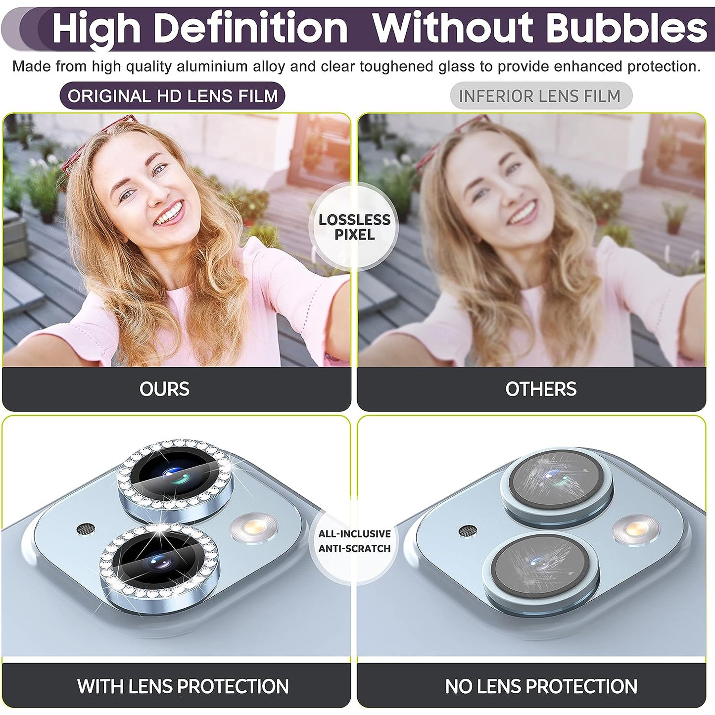 For iPhone 14 / 14 Plus 1 Set Rhinestone Camera Lens Protector Tempered Glass+Metal Ring Phone Rear Lens Film