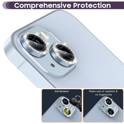 For iPhone 14 / 14 Plus 1 Set Rhinestone Camera Lens Protector Tempered Glass+Metal Ring Phone Rear Lens Film