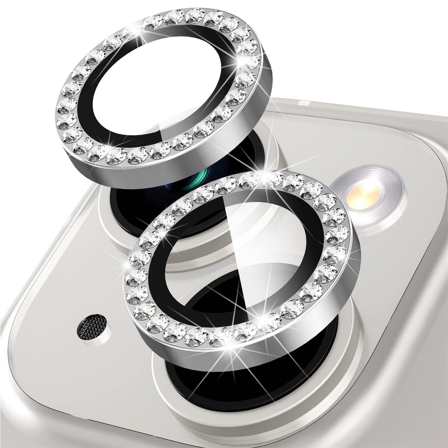 For iPhone 14 / 14 Plus 1 Set Rhinestone Camera Lens Protector Tempered Glass+Metal Ring Phone Rear Lens Film