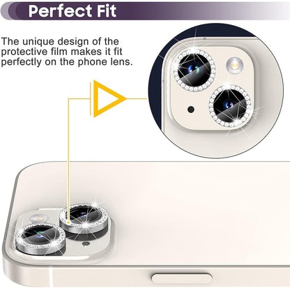 For iPhone 14 / 14 Plus 1 Set Rhinestone Camera Lens Protector Tempered Glass+Metal Ring Phone Rear Lens Film