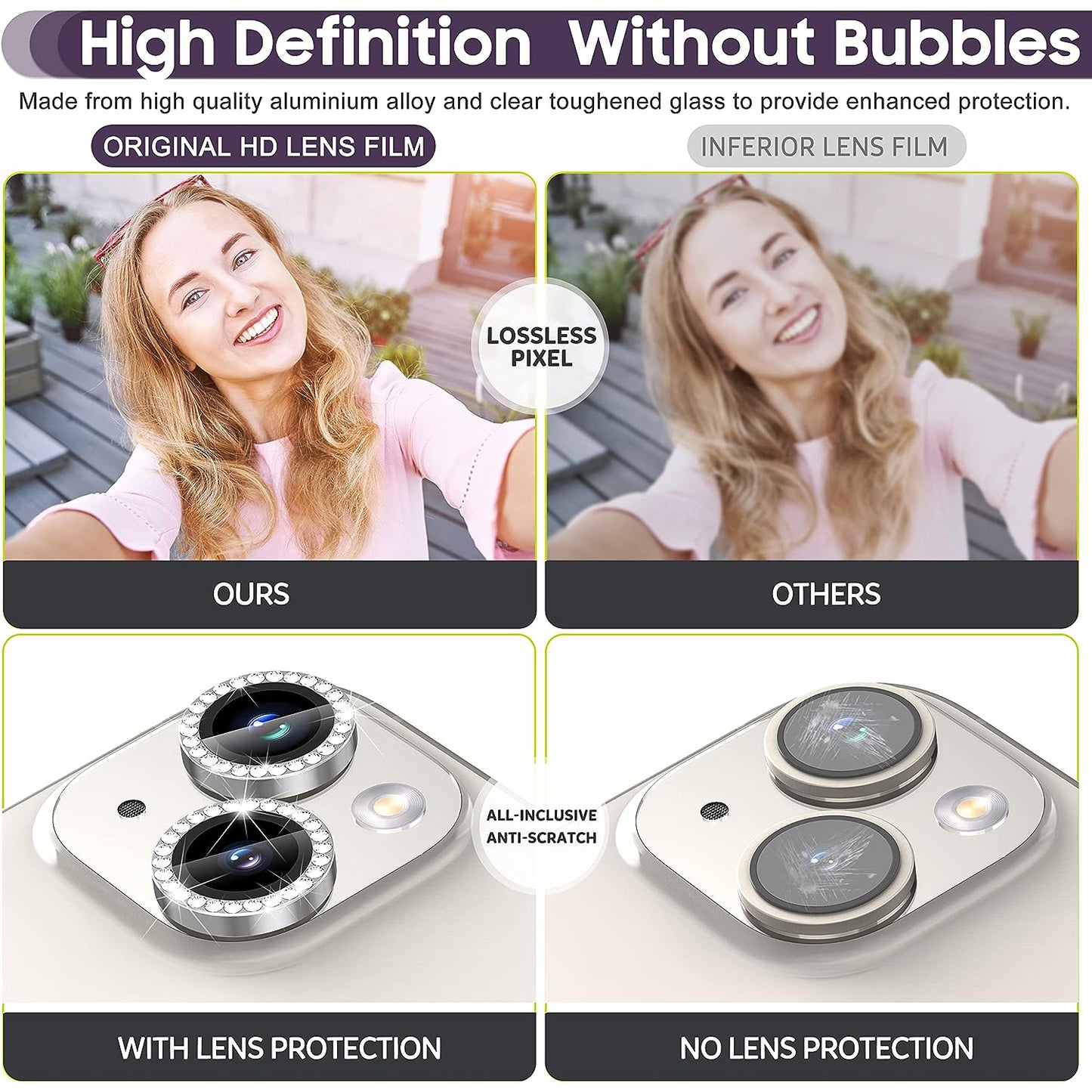For iPhone 14 / 14 Plus 1 Set Rhinestone Camera Lens Protector Tempered Glass+Metal Ring Phone Rear Lens Film