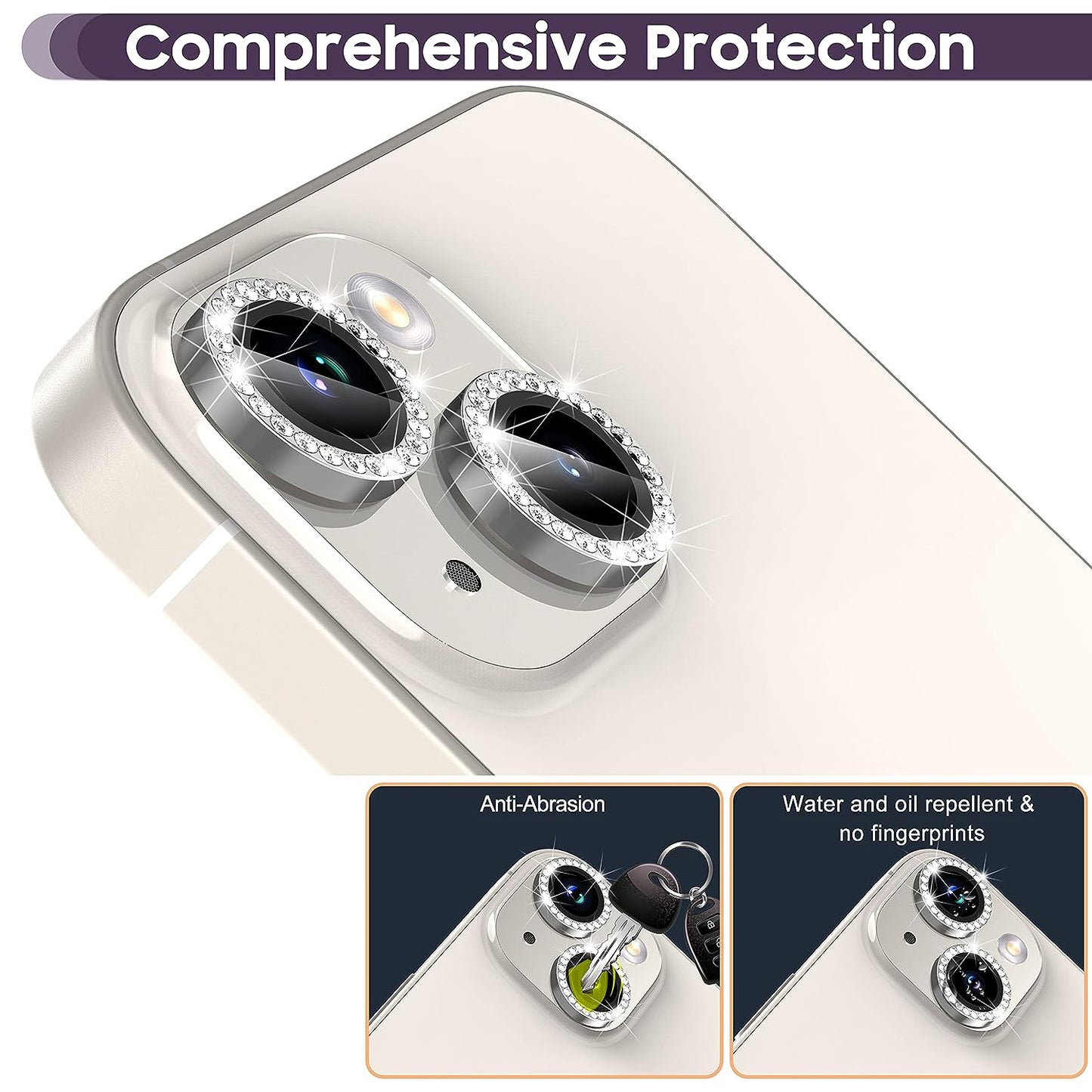 For iPhone 14 / 14 Plus 1 Set Rhinestone Camera Lens Protector Tempered Glass+Metal Ring Phone Rear Lens Film