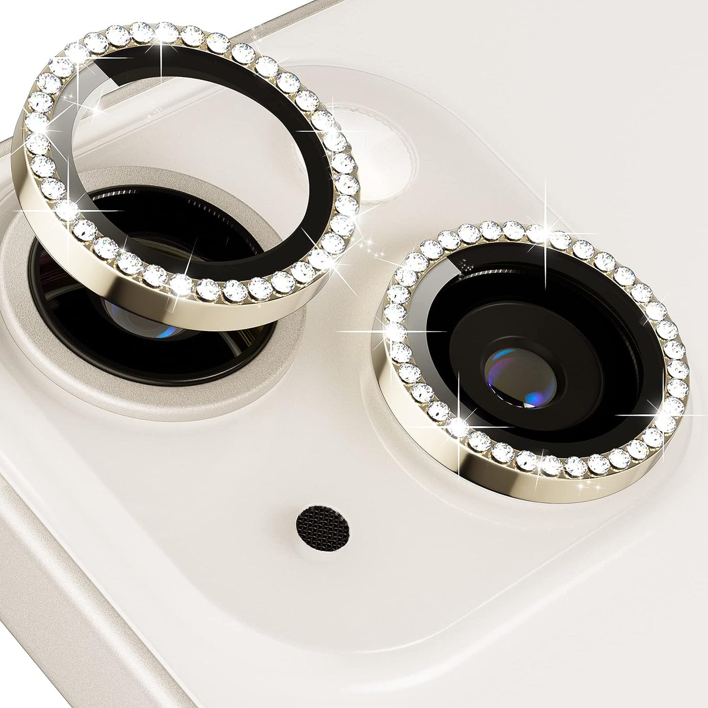 For iPhone 14 / 14 Plus 1 Set Rhinestone Camera Lens Protector Tempered Glass+Metal Ring Phone Rear Lens Film