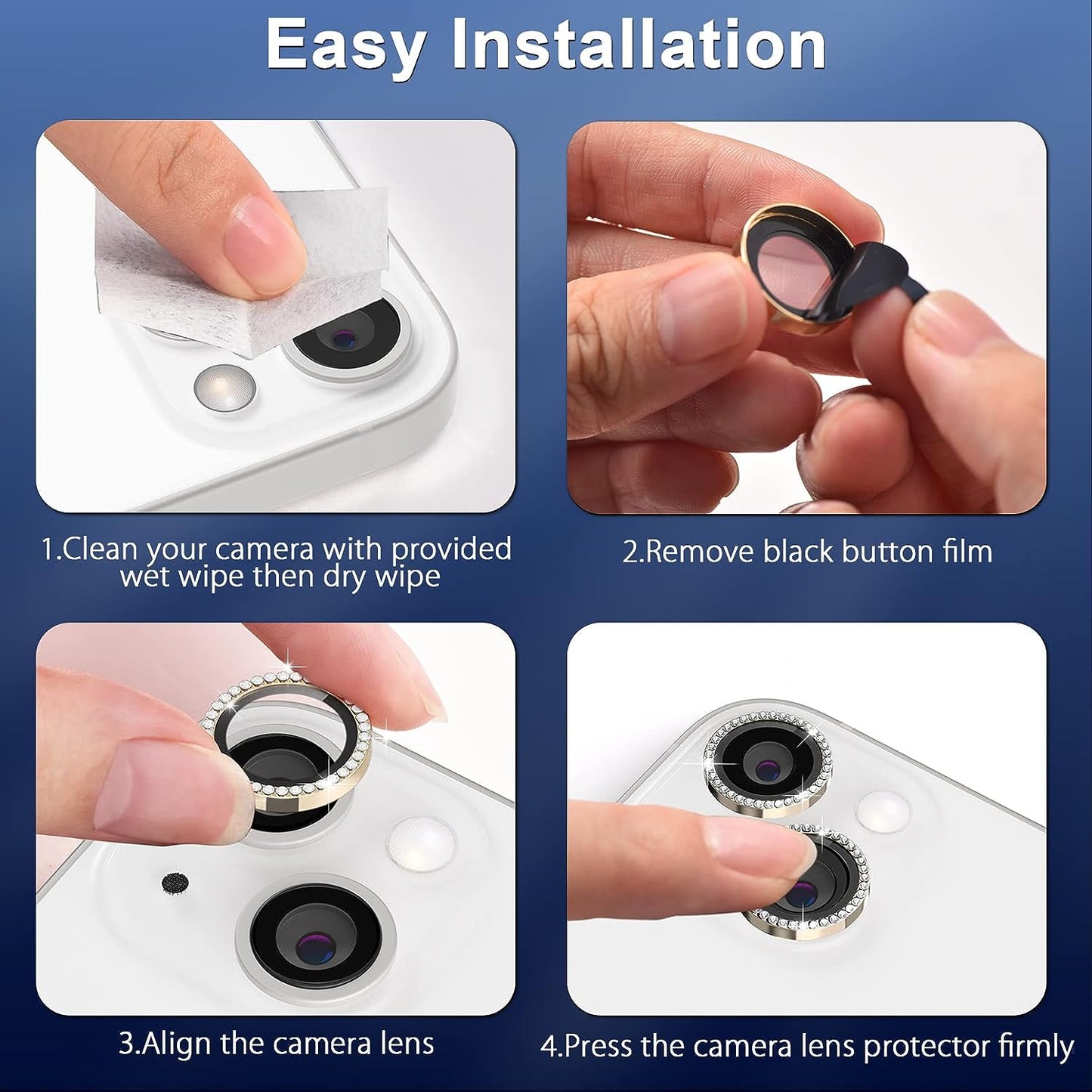 For iPhone 14 / 14 Plus 1 Set Rhinestone Camera Lens Protector Tempered Glass+Metal Ring Phone Rear Lens Film