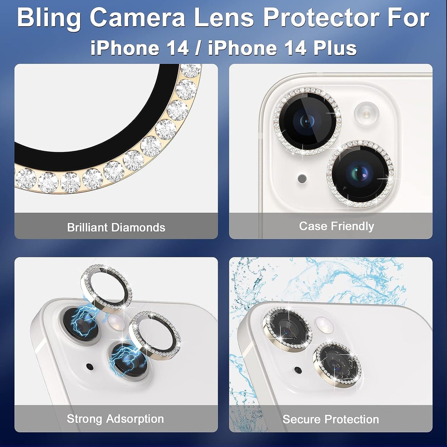 For iPhone 14 / 14 Plus 1 Set Rhinestone Camera Lens Protector Tempered Glass+Metal Ring Phone Rear Lens Film