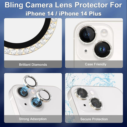 For iPhone 14 / 14 Plus 1 Set Rhinestone Camera Lens Protector Tempered Glass+Metal Ring Phone Rear Lens Film