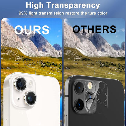 For iPhone 14 / 14 Plus 1 Set Rhinestone Camera Lens Protector Tempered Glass+Metal Ring Phone Rear Lens Film