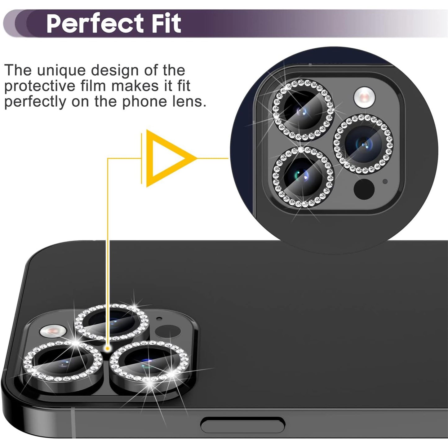 For iPhone 14 Pro / 14 Pro Max 1 Set Camera Lens Film Tempered Glass+Metal Ring Rhinestone Lens Protector