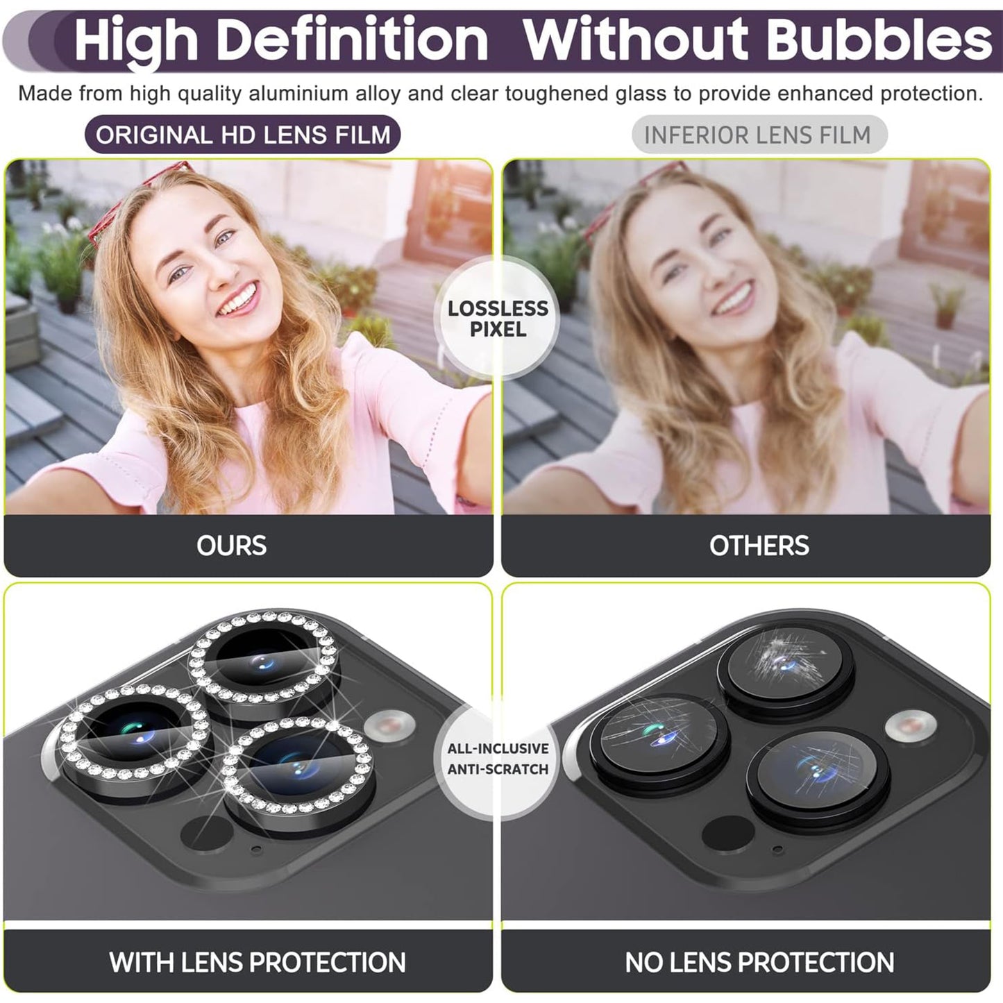 For iPhone 14 Pro / 14 Pro Max 1 Set Camera Lens Film Tempered Glass+Metal Ring Rhinestone Lens Protector