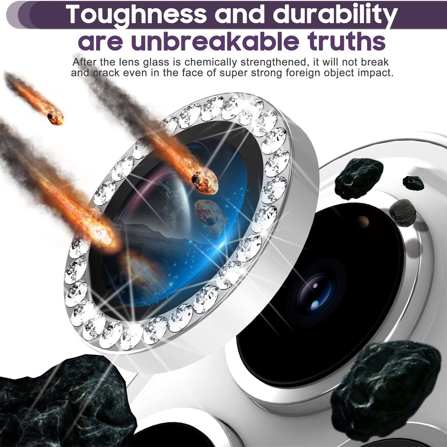 For iPhone 14 Pro / 14 Pro Max 1 Set Camera Lens Film Tempered Glass+Metal Ring Rhinestone Lens Protector