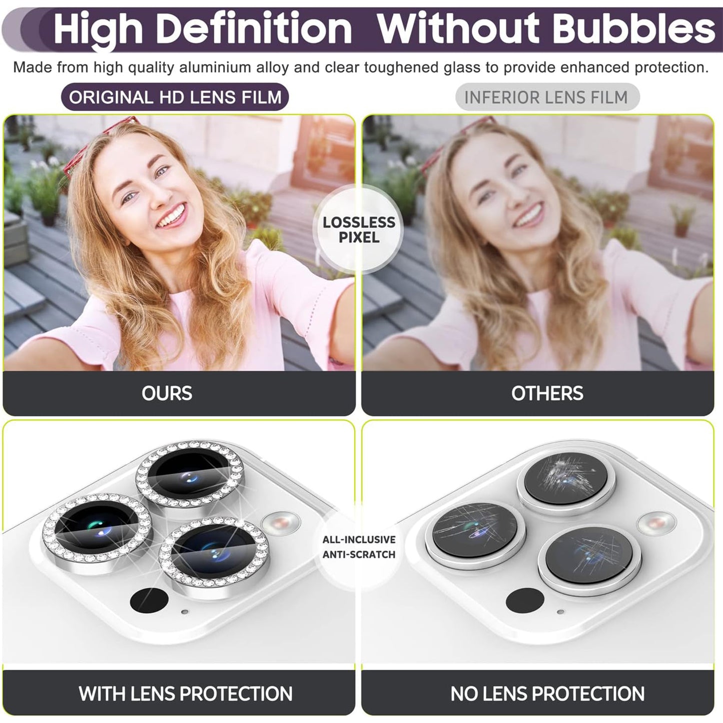 For iPhone 14 Pro / 14 Pro Max 1 Set Camera Lens Film Tempered Glass+Metal Ring Rhinestone Lens Protector