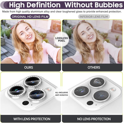 For iPhone 14 Pro / 14 Pro Max 1 Set Camera Lens Film Tempered Glass+Metal Ring Rhinestone Lens Protector